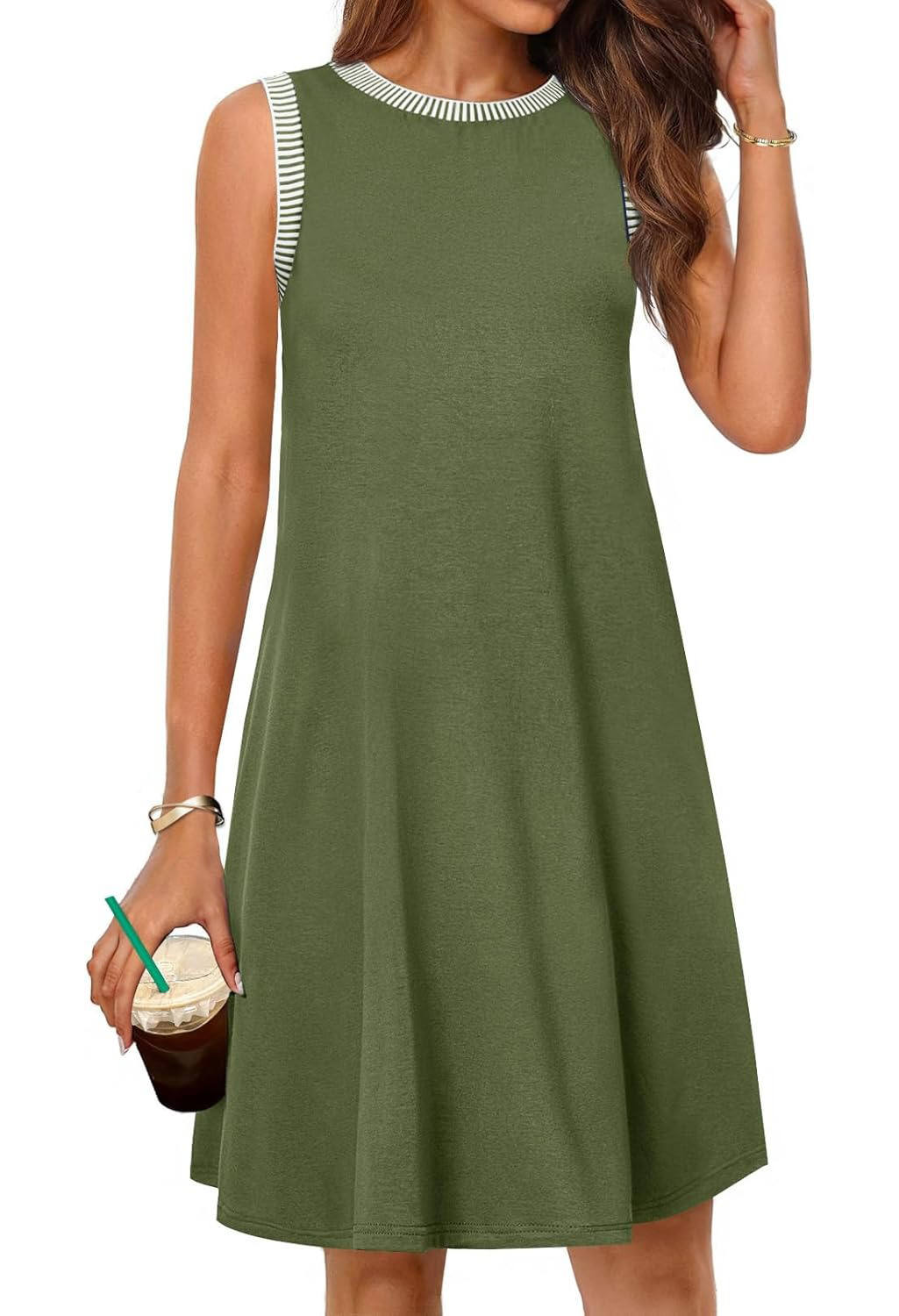 Women's Casual Crewneck Striped Trim Sleeveless Tank Mini Dress