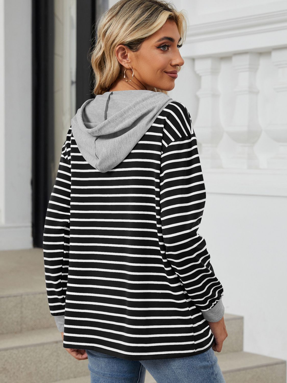 Womens Striped Hoodies Jumper Drawstring Tops