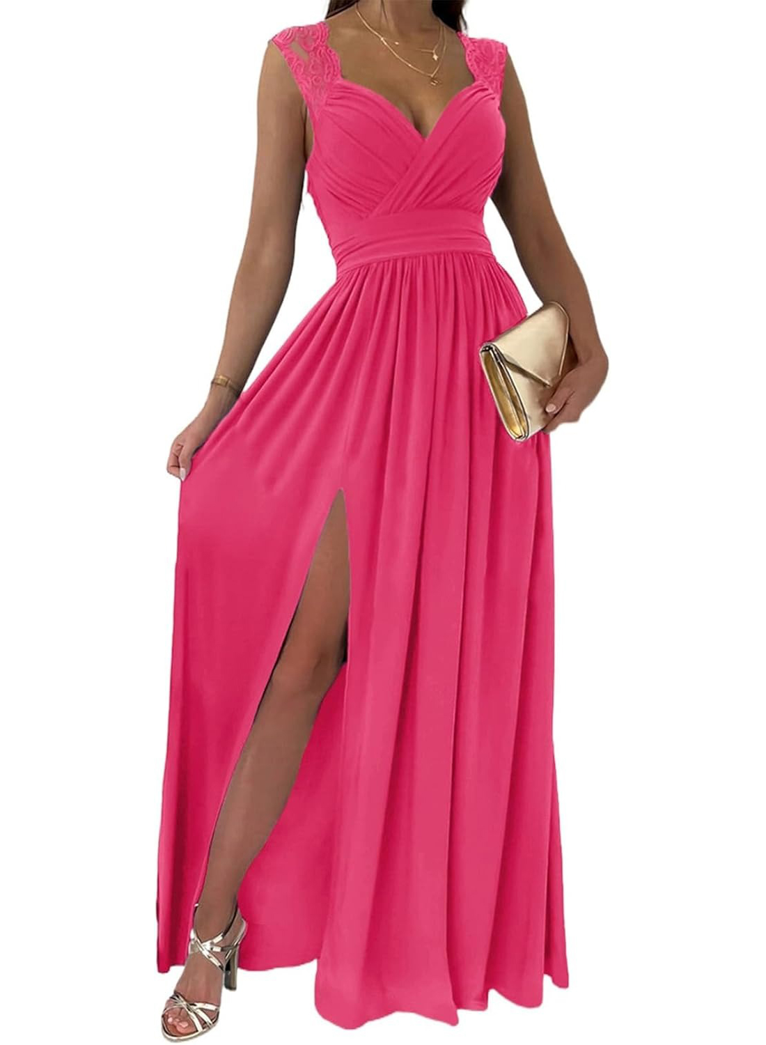 Women's Wrap V-Neck Lace Strap Ruched Sexy Maxi Dress