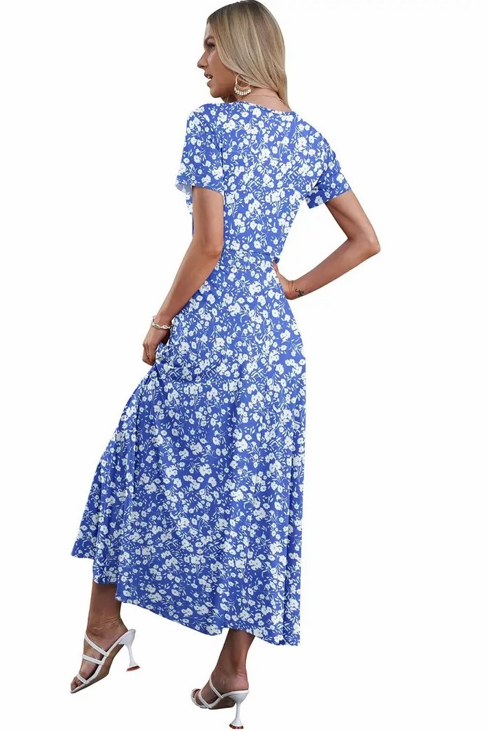 Women's V Neck Floral Print Beach Long Flowy Dress with Pockets
