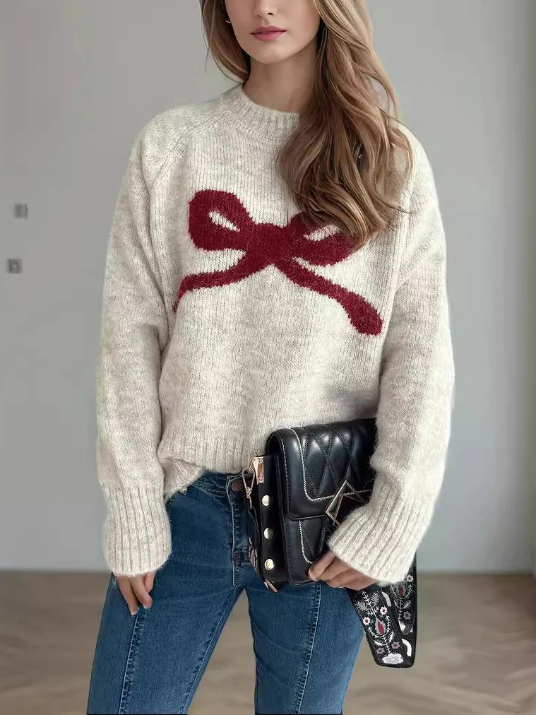 Women's Round Neck Playful Bow Knit Sweater