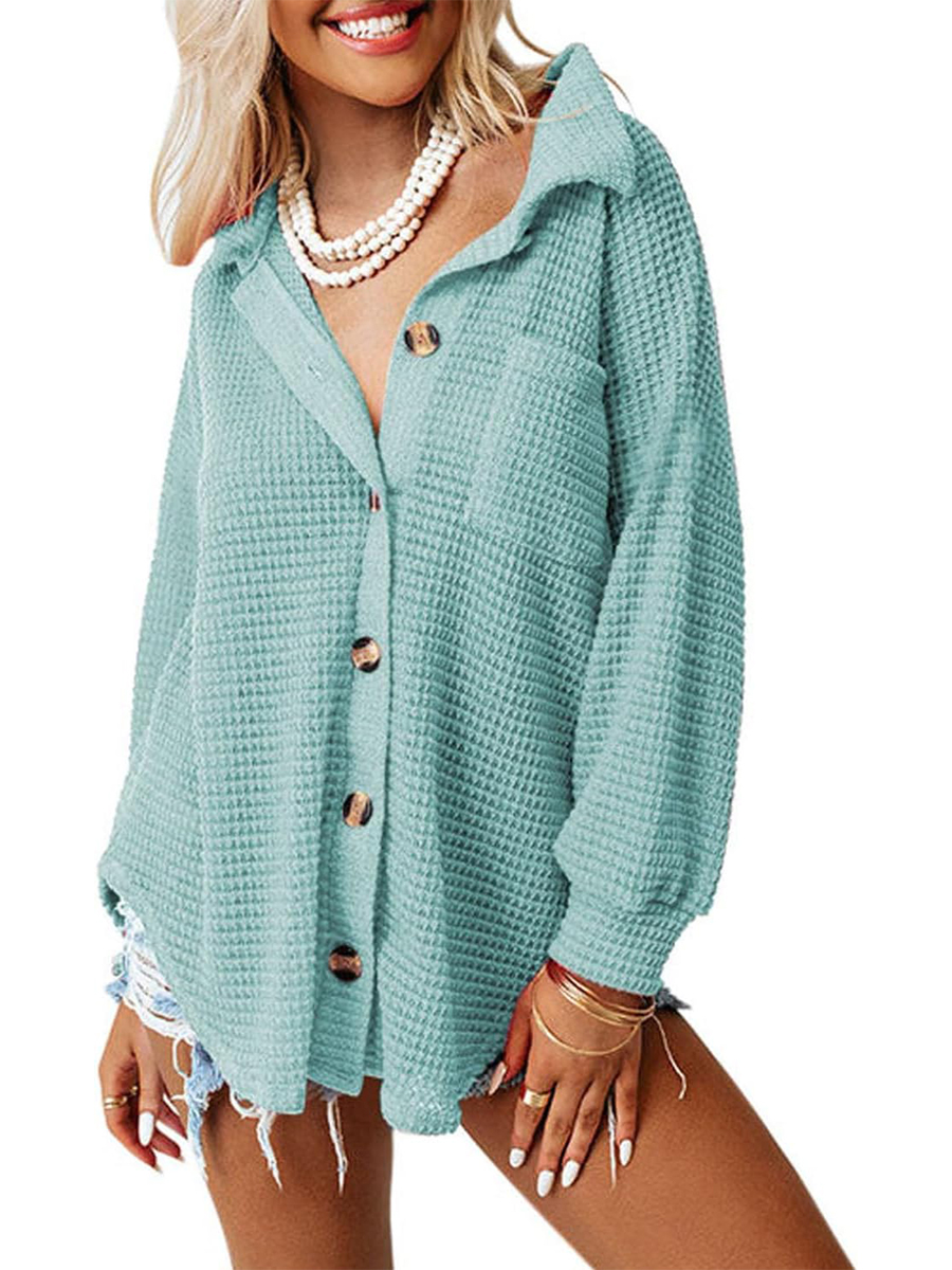 Women's Waffle Knit Casual Button Down Shirts Jacket