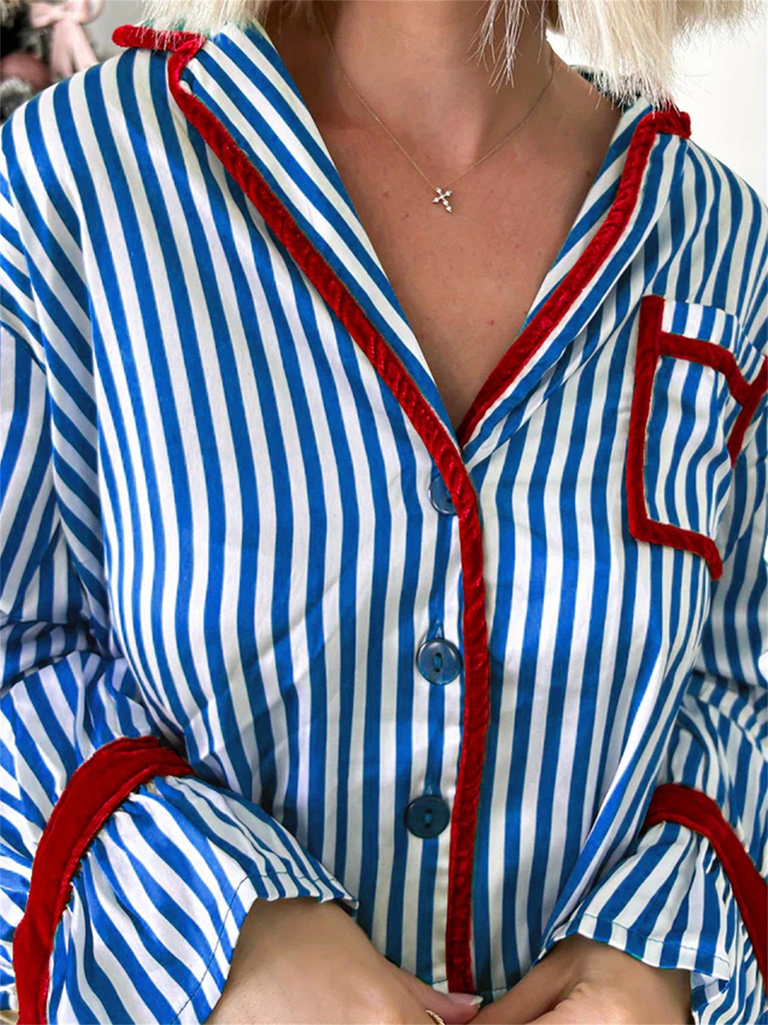 Women's Striped Button-up Crop Tops Bow Long Pants Pajama Set