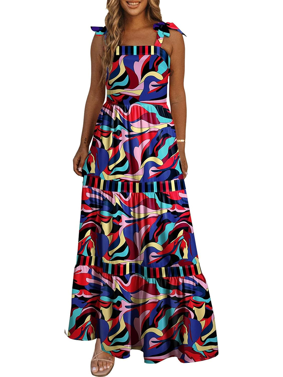 Women's Summer Sleeveless Strap Tie Floral Print Maxi Dress