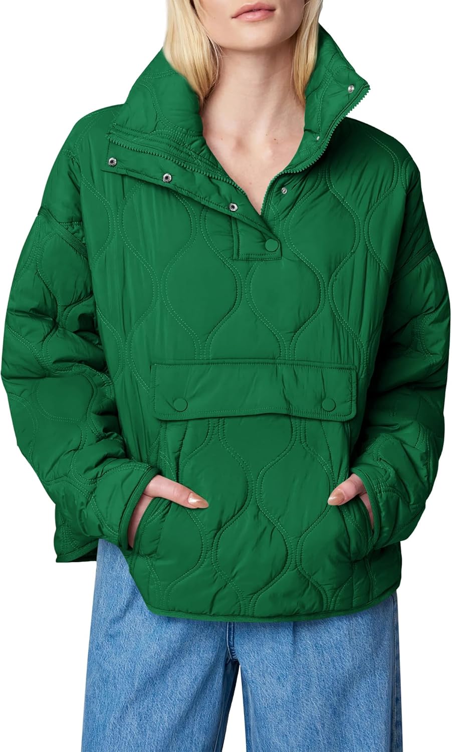 Women's Quilted Lightweight Puffer Jacket Long Sleeve Half Zip Up Coat with Pocket