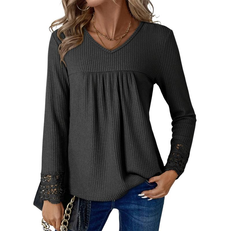Women's Tops Casual V Neck Long Sleeve Waffle Knit Textured Lace Hollow Out Shirts Loose Tunic Tops Blouses