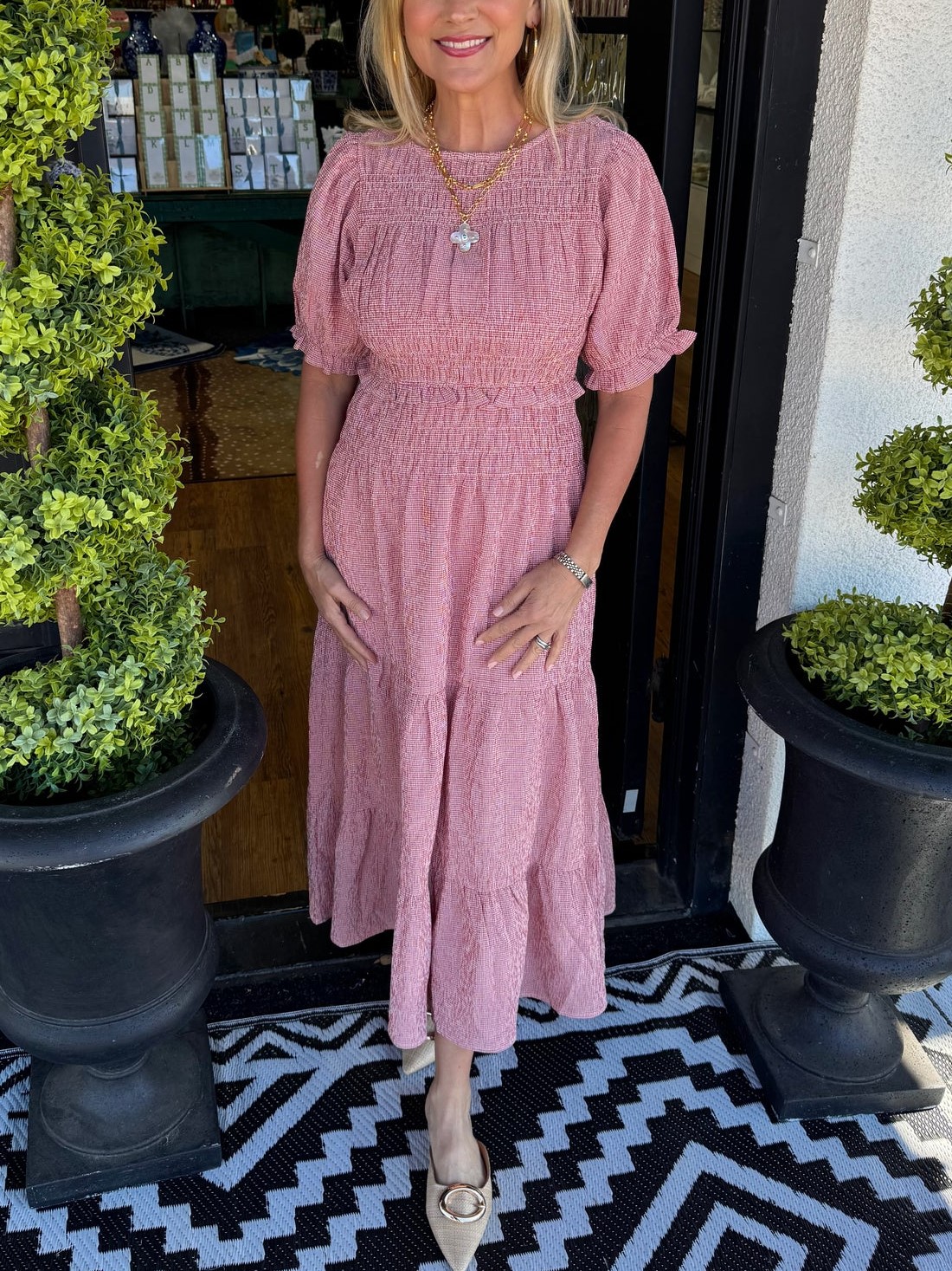 Women's Gingham Short Sleeve Ruffled Smocked Dress
