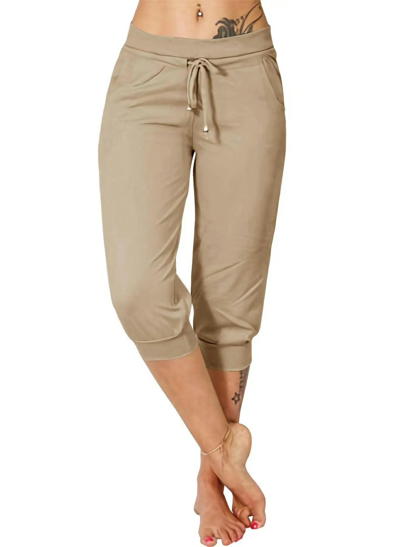 Women's Plain Drawstring Waist Capris Pants With Pockets