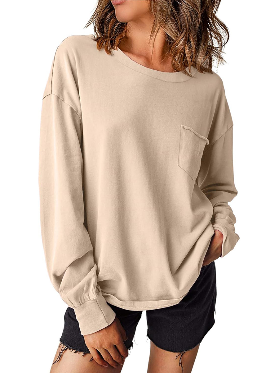 Women's Crewneck Pocket Oversized Basic Long Sleeve Shirts