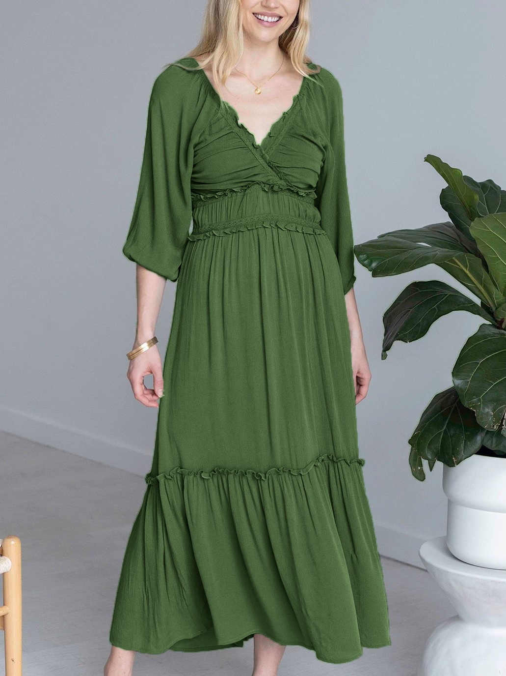 V-neck Smocked Ruffled Tiered Dress