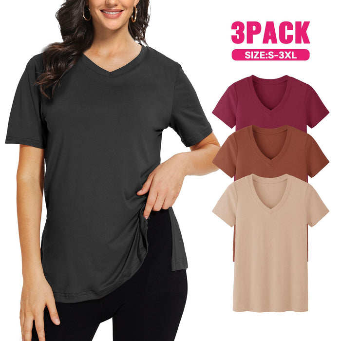  Womens 3 Pack T-Shirts Basic Short Sleeve V Neck Tops