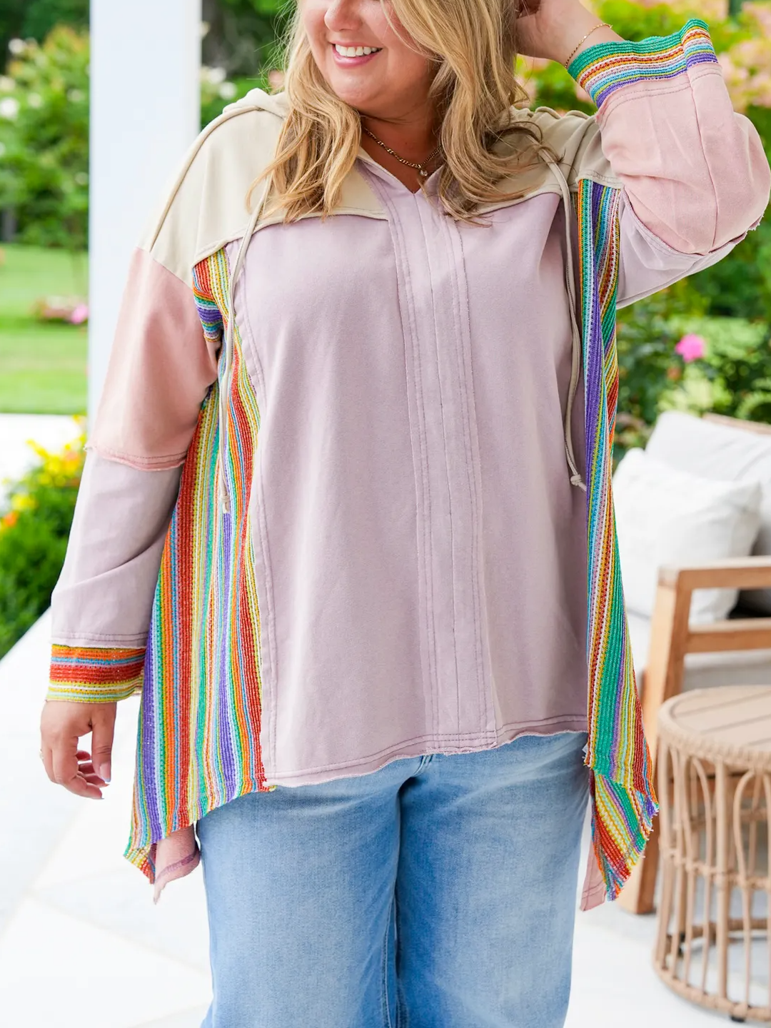 Colorblock long sleeve top with rainbow crochet details