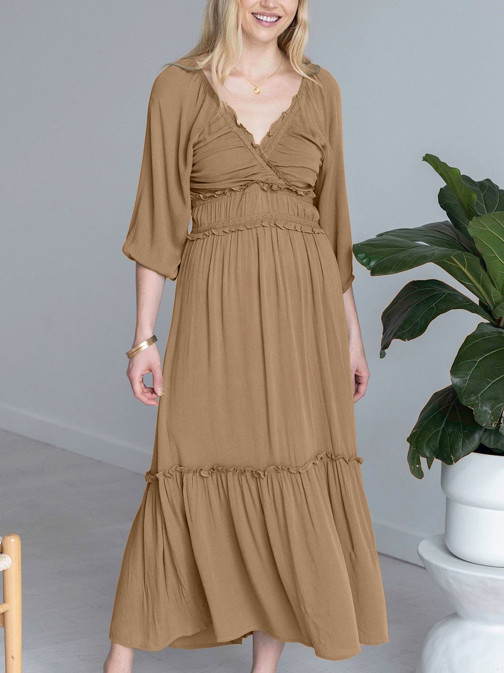 V-neck Smocked Ruffled Tiered Dress