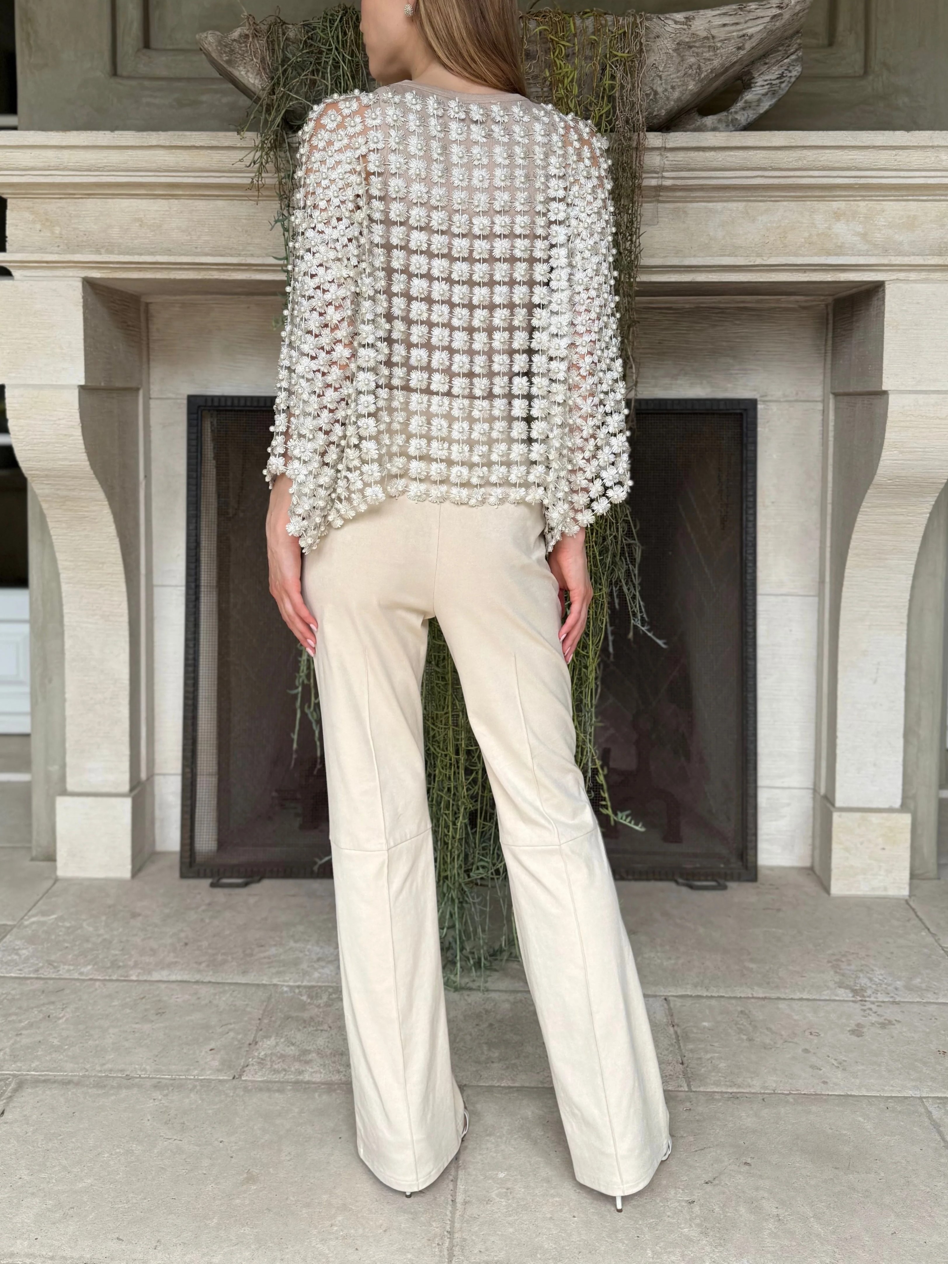 Women's Lace Beaded Floral Cutout Long Sleeve Top Coverup