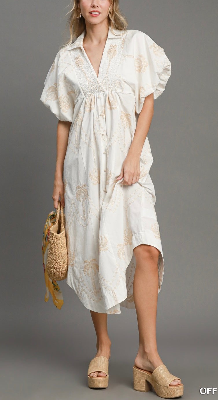 Oversized Textured V-Neck Palm Tree Print Dress (Buy 2 Free Shipping)