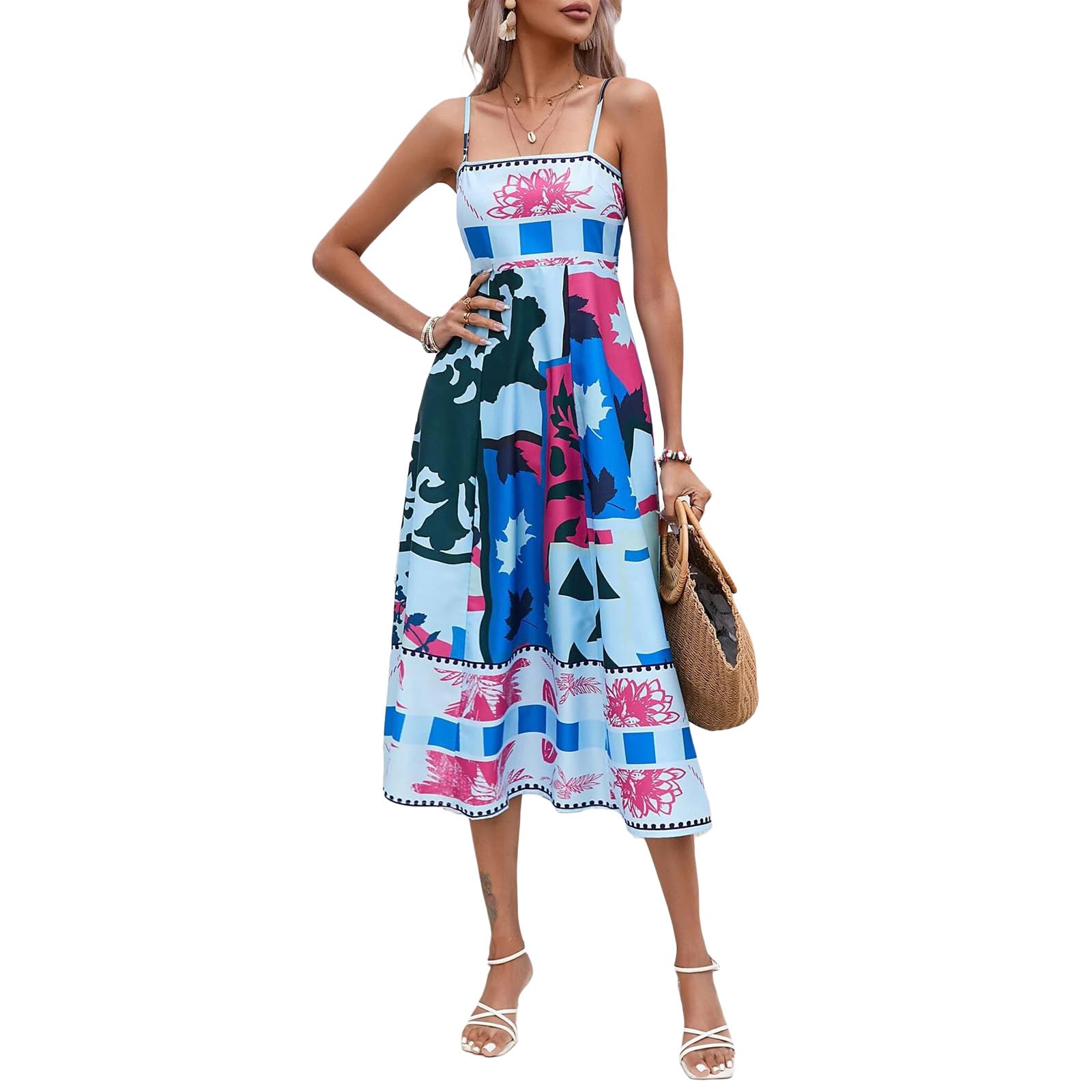 Women Boho Beach Spaghetti Strap Flowy Dress 