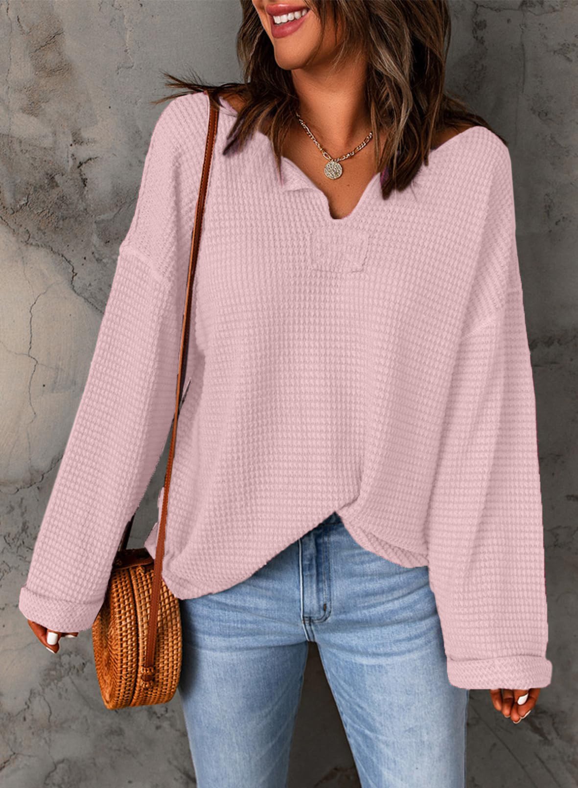 Casual Notched Neck Drop Shoulder Waffle Knit Top