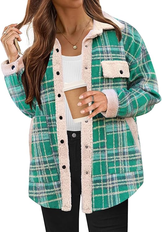⏰Hot Sale-Women's Fleece Flannel Button Down Plaid Shacket Jacket(BUY 2 FREE SHIPPING)