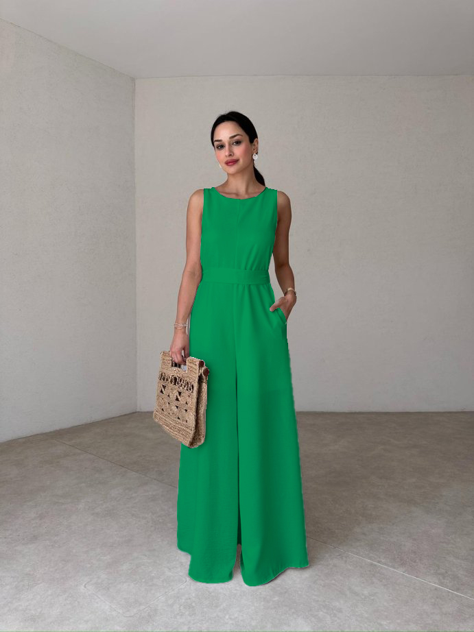 Women's Sleeveless Waisted Linen Jumpsuit With Pockets