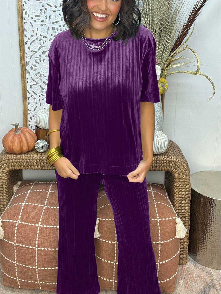 Velvet Pleat Detail Top And Pant Set (Buy 2 Free Shipping)