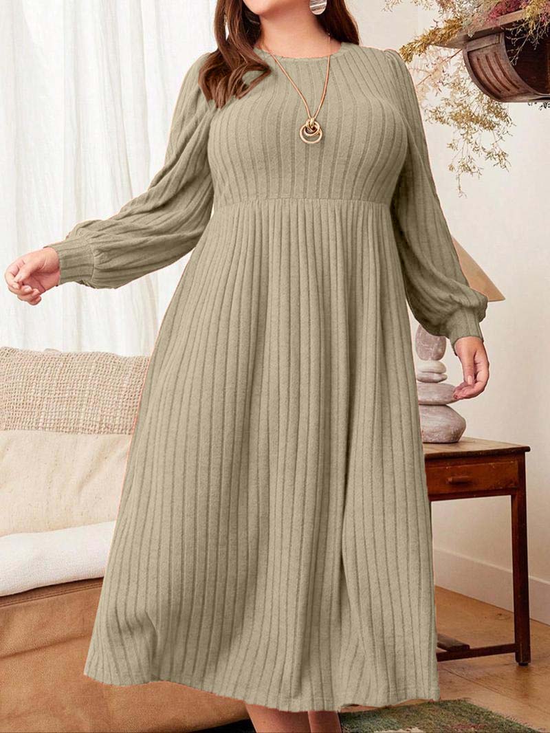 Plus Size Solid Color Bishop Sleeve A Line Dress