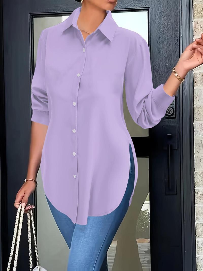 Women's Plain Button Front Split Side Shirt