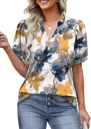 Women's V Neck Floral Print Vintage Shirt Fashion T-Shirt