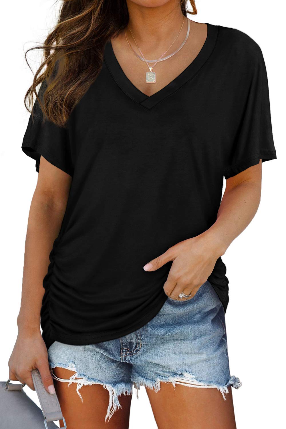 Women’s Short Sleeve V-Neck Dolman Top with Side Shirring (buy 3 free shipping!!!)