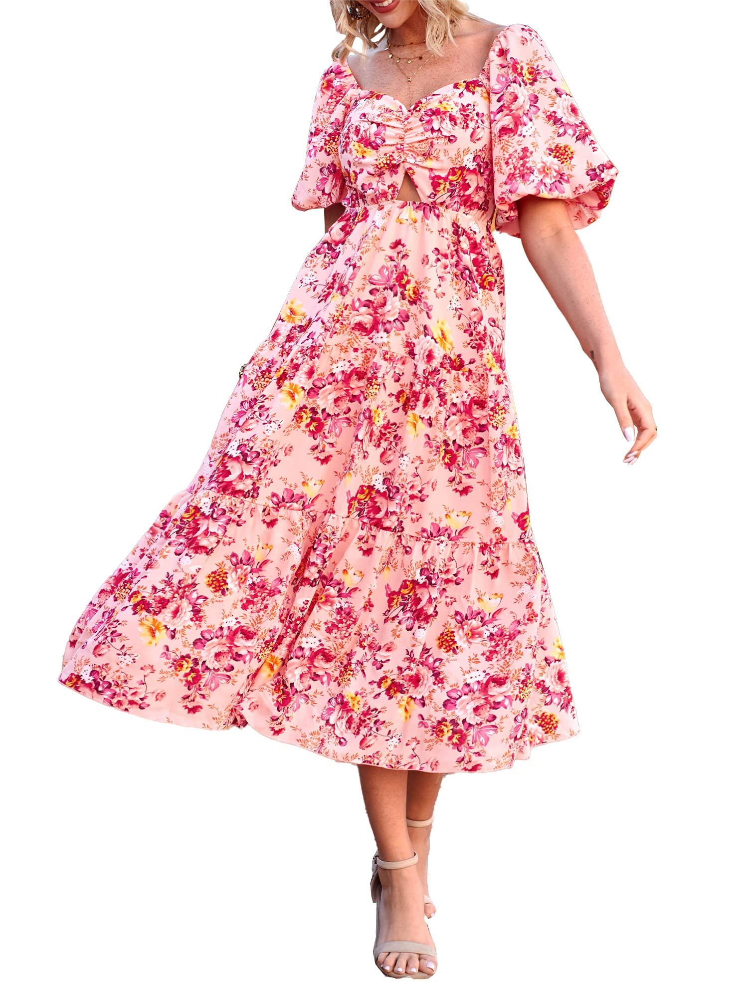 Women's Casual Flowy Square Neck Puff Short Sleeve Boho Floral Long Maxi Dress(BUY 2 FREE SHIPPING)
