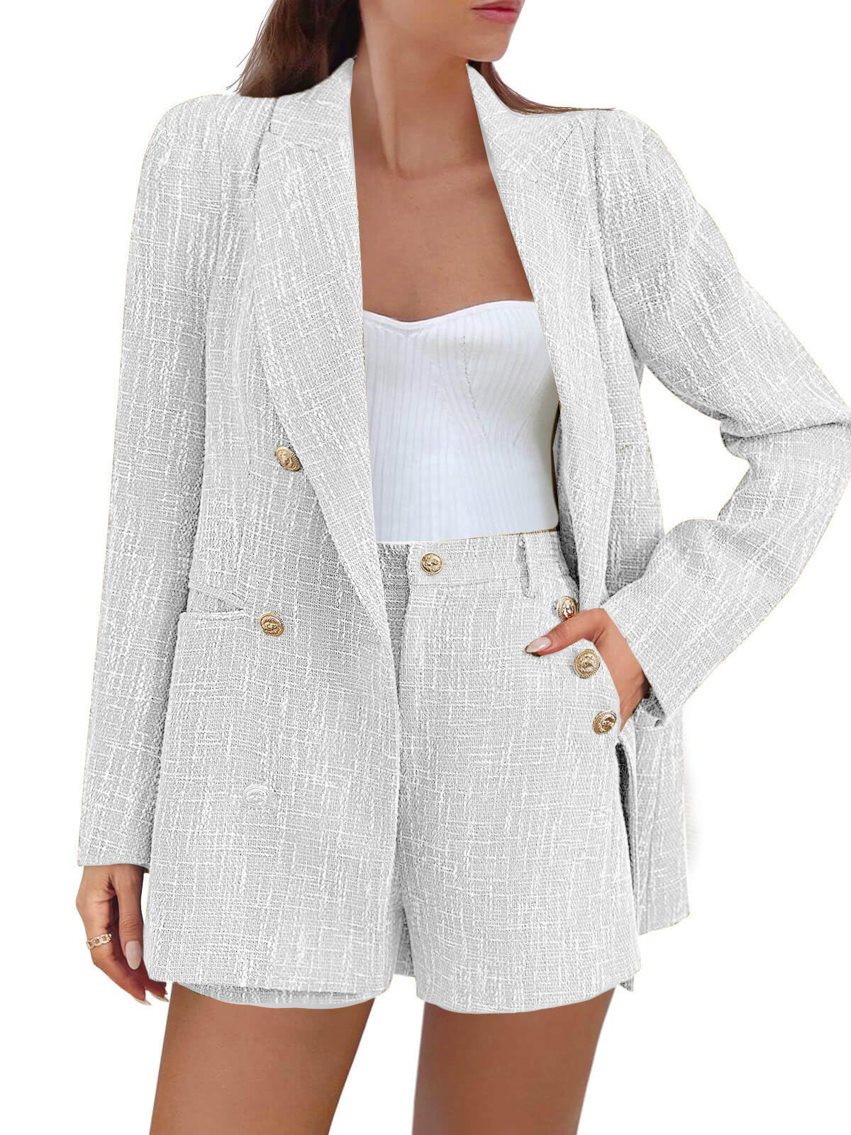 HOT SALE Women's Double Breasted Tweed Suit Set Button Jacket and Shorts
