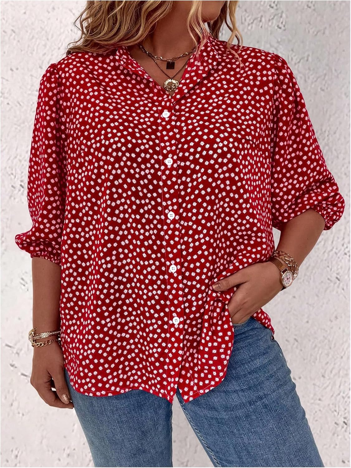 Women's Floral Print Half Sleeve Button Down Shirt Blouse (BUY 2 FREE SHIPPING)