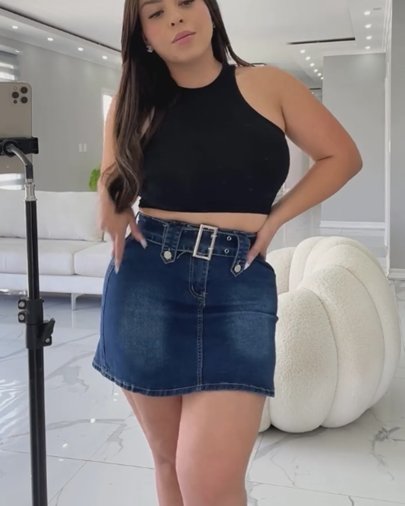 High Waisted Mini Slim Fit Denim Skirt With Shorts Underneath