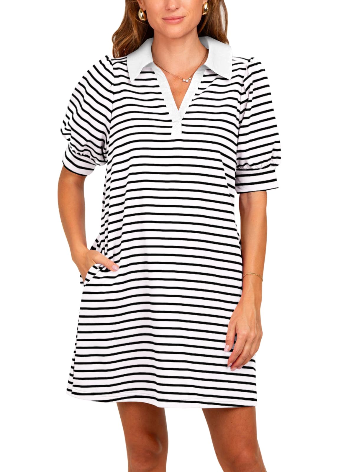 Women's Lapel Collared  Striped Dress Puff Polo Tshirt Dresses with Pockets (BUY 2 FREE SHIPPING!!!)