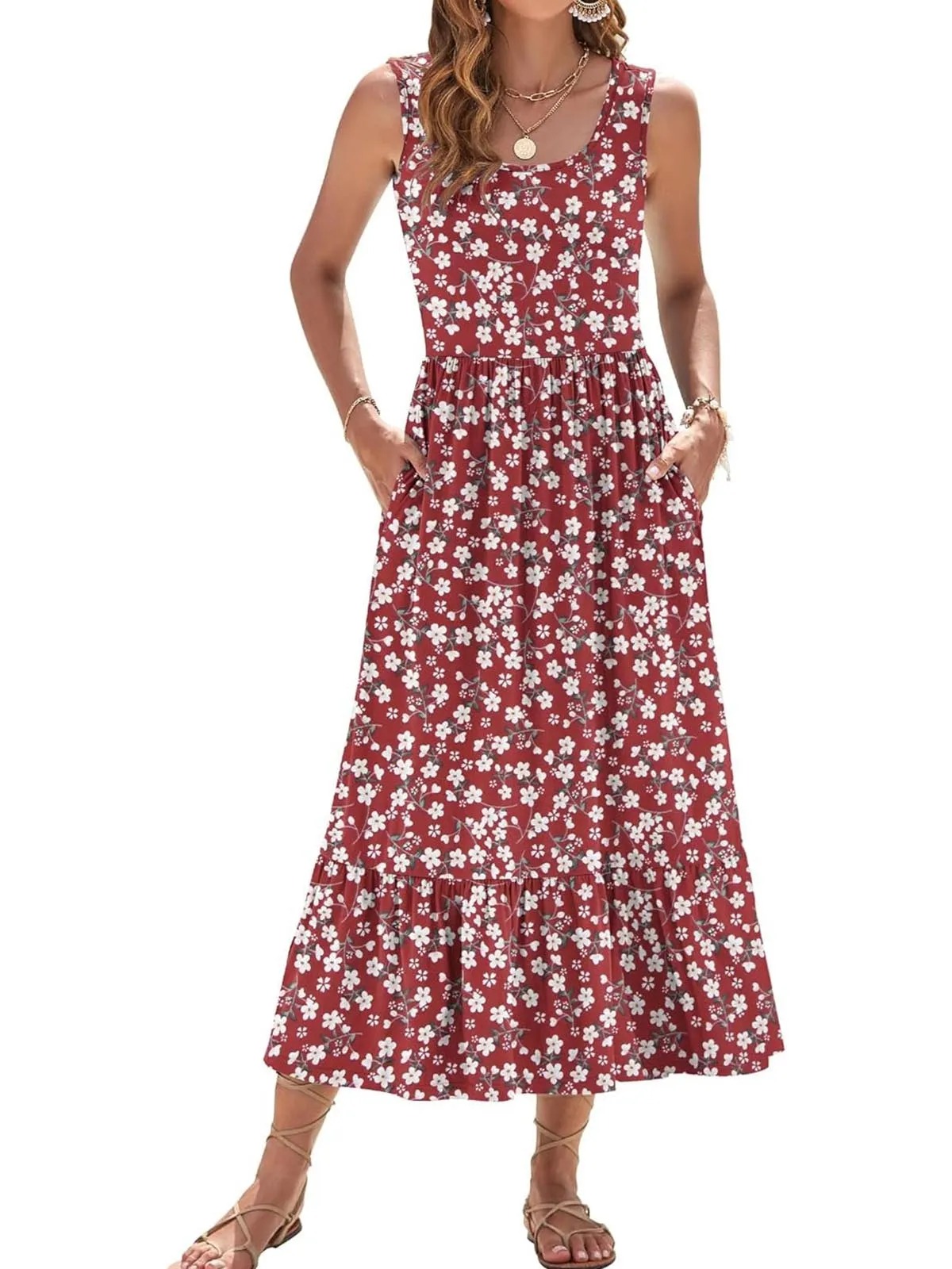 HOT SALE Women's Printed Casual Sleeveless Square Neck Printed Multi-Layer Pocket Dress