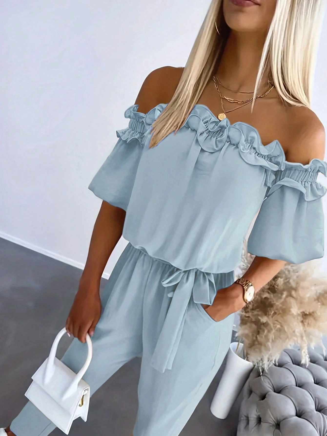 Women's Solid Color Off-Shoulder Short Sleeve Pleated Casual Jumpsuit (Buy 2 Free Shipping!!!)
