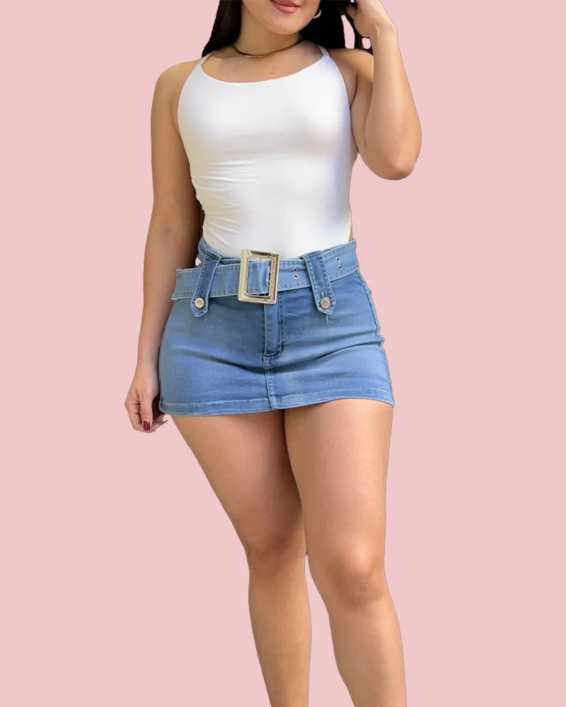 High Waisted Mini Slim Fit Denim Skirt With Shorts Underneath