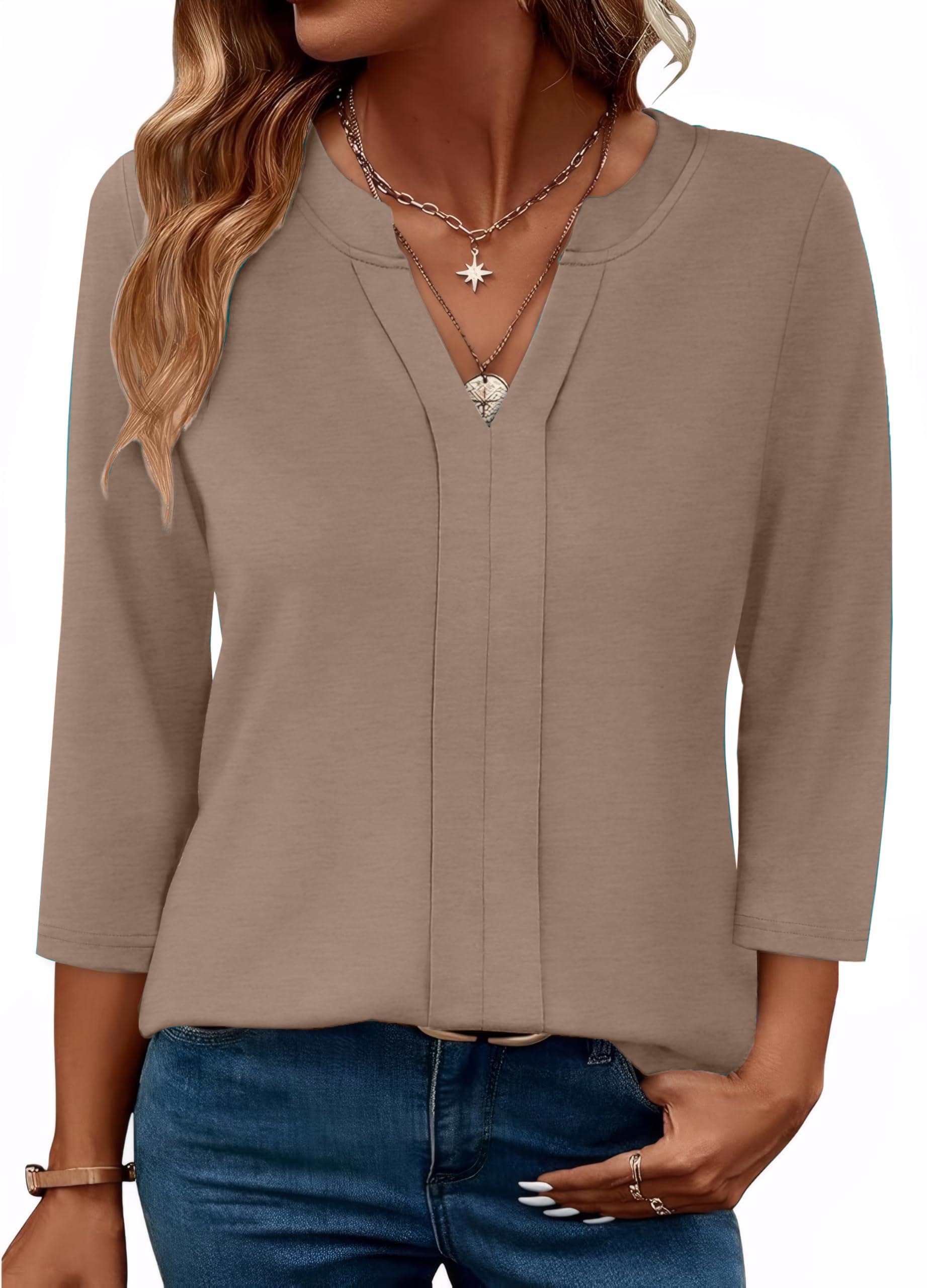 Womens 3/4 Length Sleeve Tops V Neck Pleated Work Blouses(buy 3 free shipping)