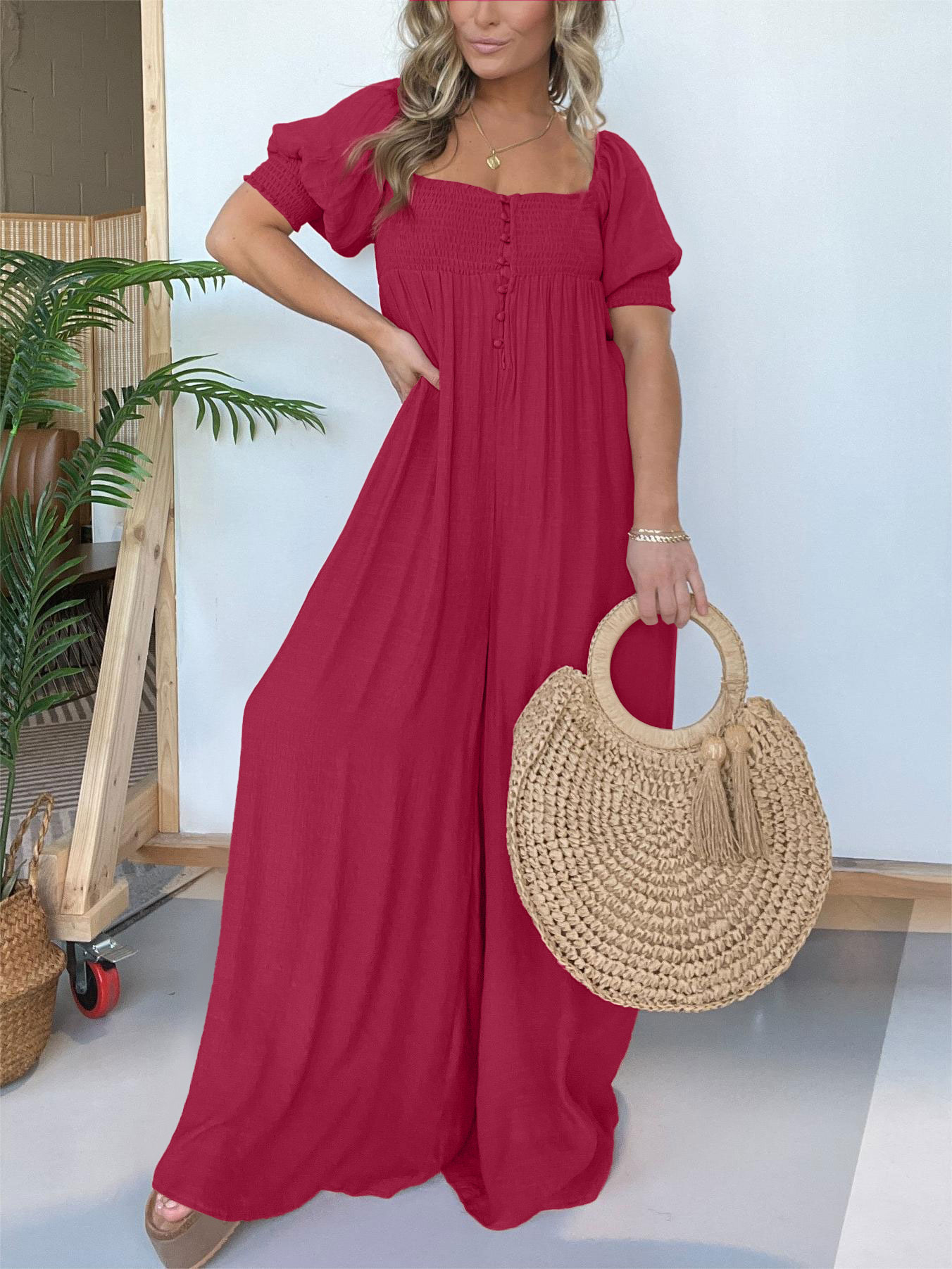 Square Neckline Jumpsuit with Smocked Bodice Button (Buy 2 Free Shipping)