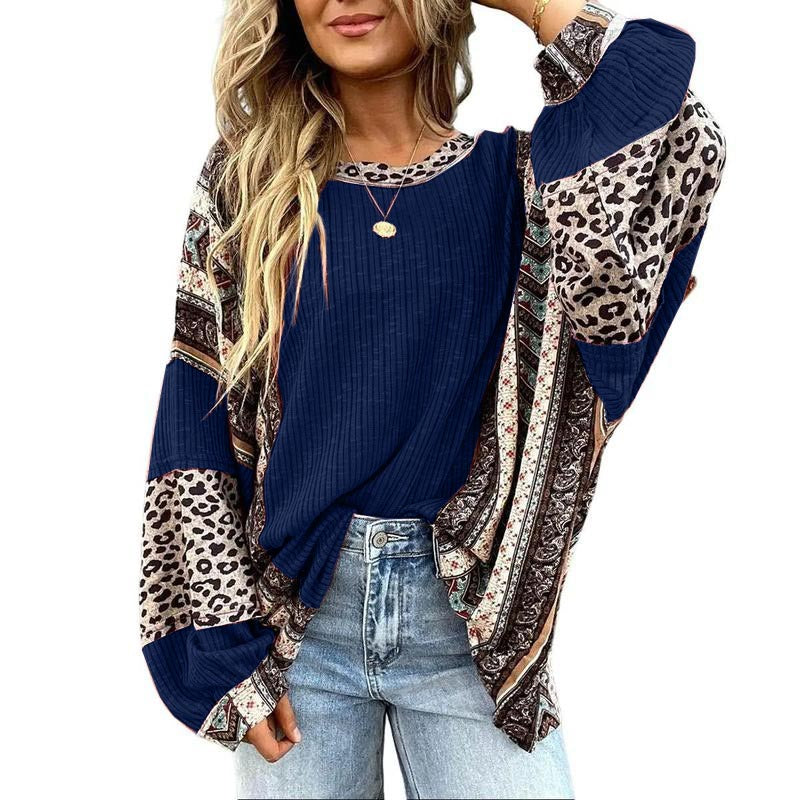 Limited time sale🔥Womens Loose fit Long Sleeve Oversized Retro Leopard Contrast Patchwork Top
