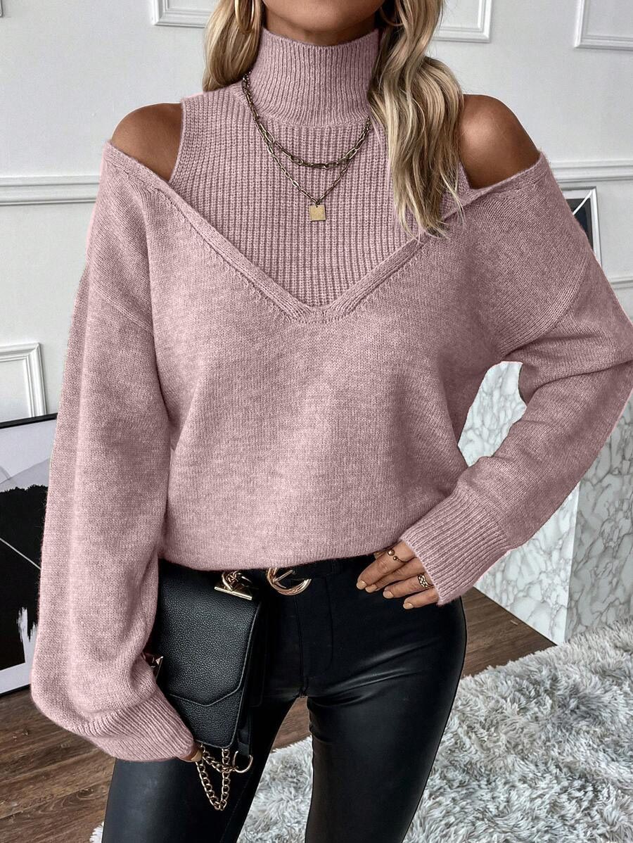 HOT SALE Women's Turtleneck Cold Shoulder 2 In 1 Sweater