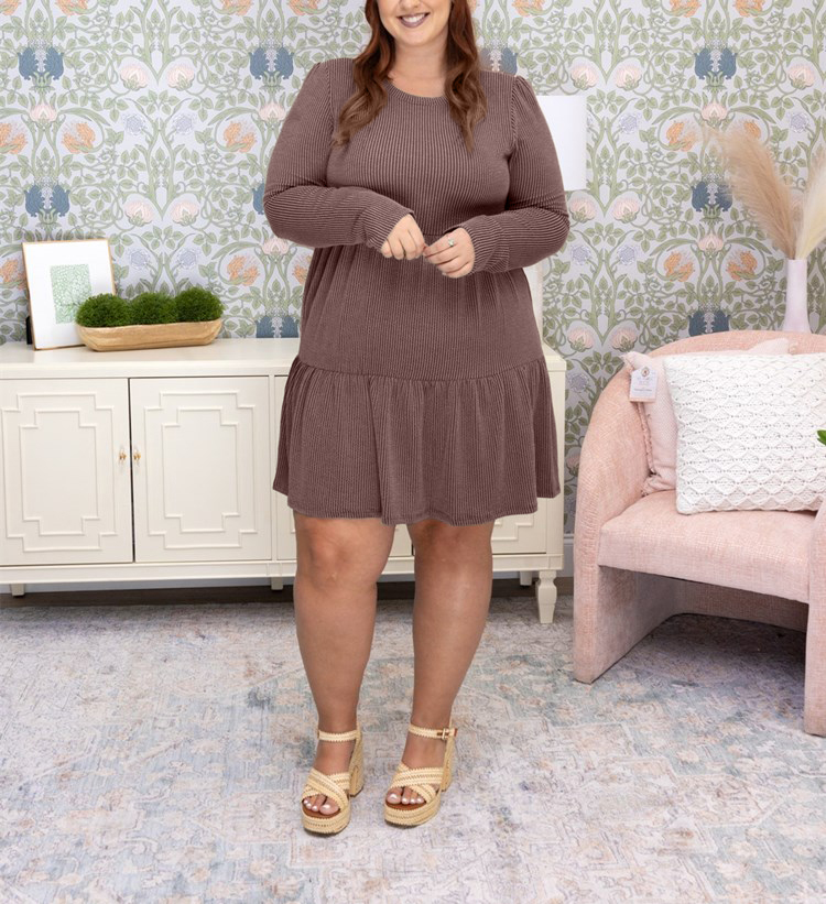 Raised Rib Long Sleeve Tiered Dress