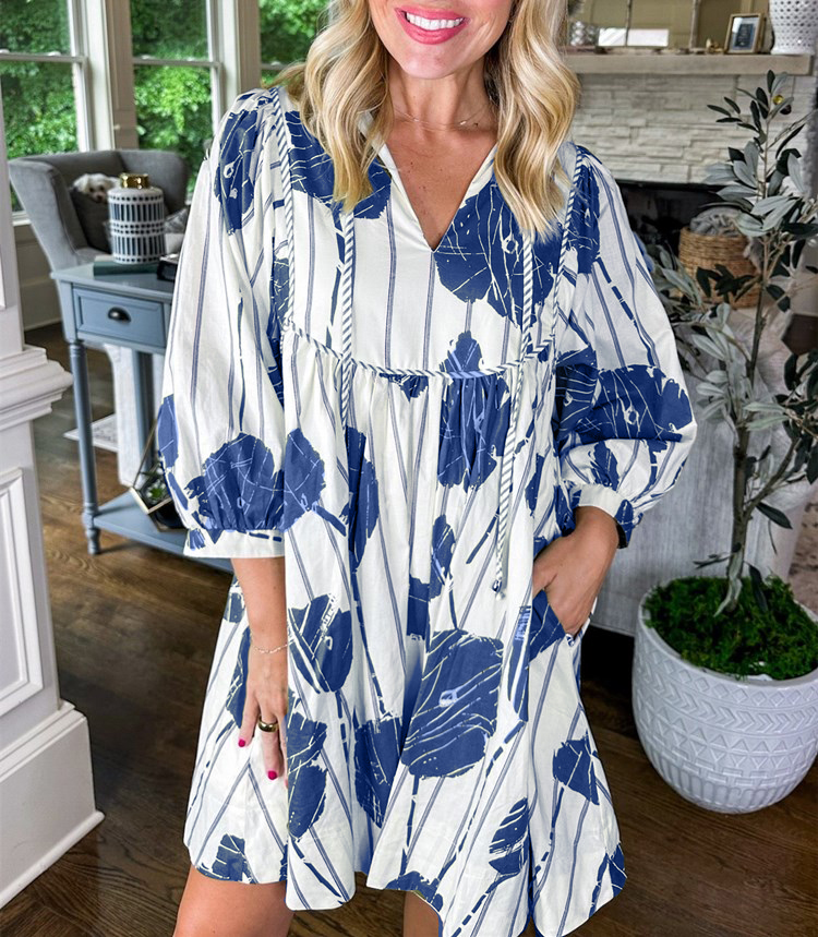 Women's Stripe Print 3/4 Sleeve Mini Dress