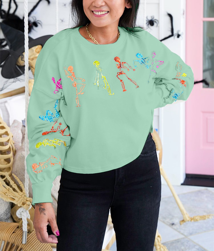 Dancing Skeletons Sequins Embroidery Sweatshirt
