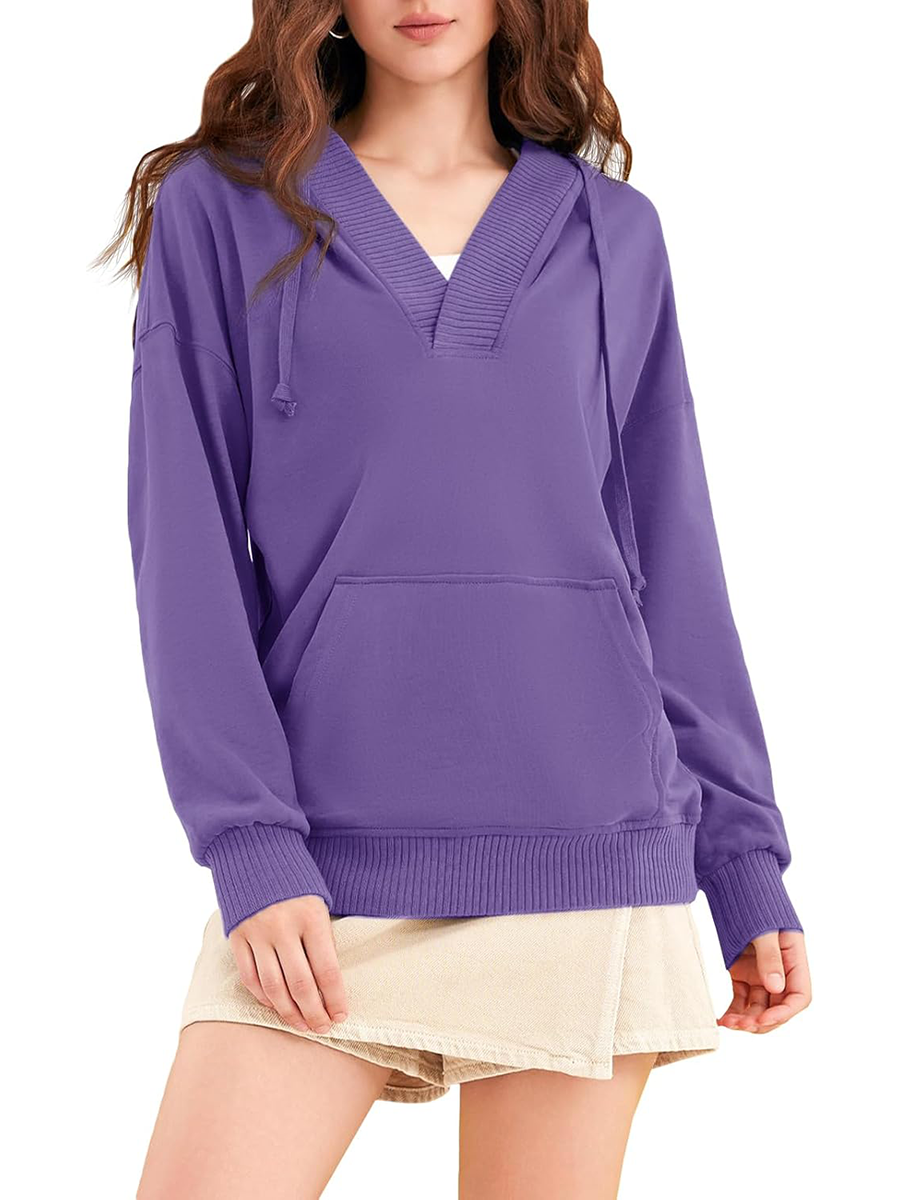Women‘’s Casual Oversized V Neck Drawsting Hooded Sweatshirts
