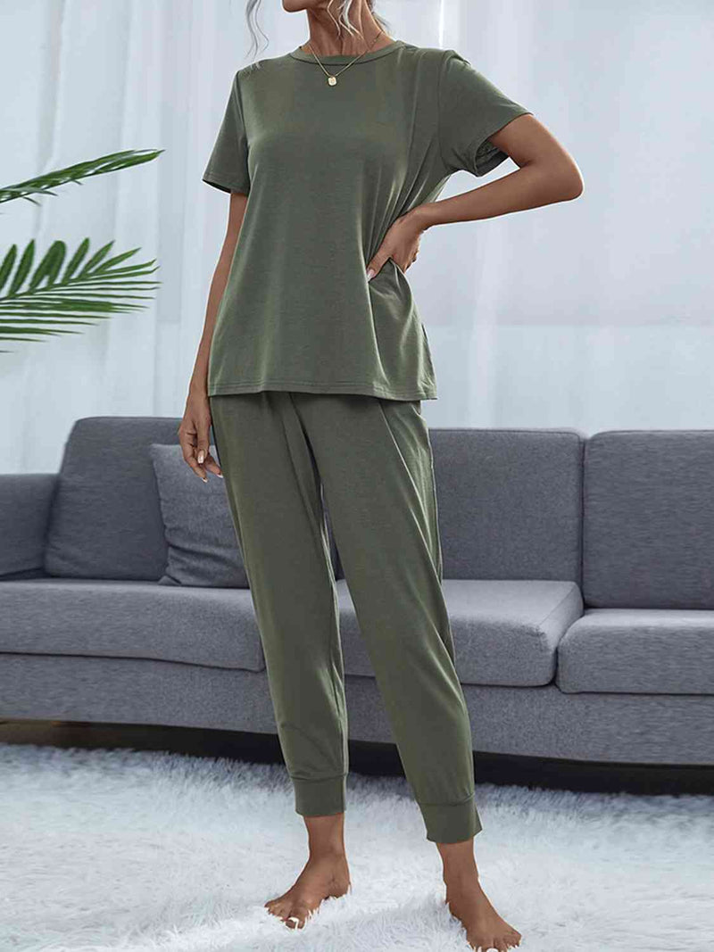 Women's Round Neck Short Sleeve Top and Pants Set