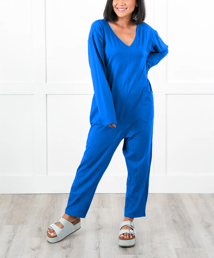 Solid Long Sleeve V Neck Jumpsuit With Patch Pockets (Multiple Colors)