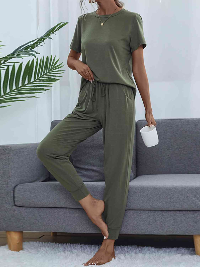 Women's Round Neck Short Sleeve Top and Pants Set