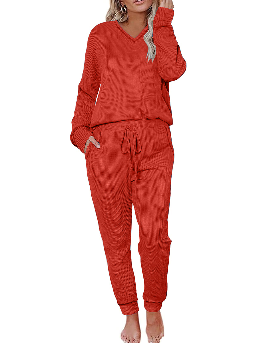 Women's V Neck Waffle Knit Sleepwear Top and Pant Lounge Sets