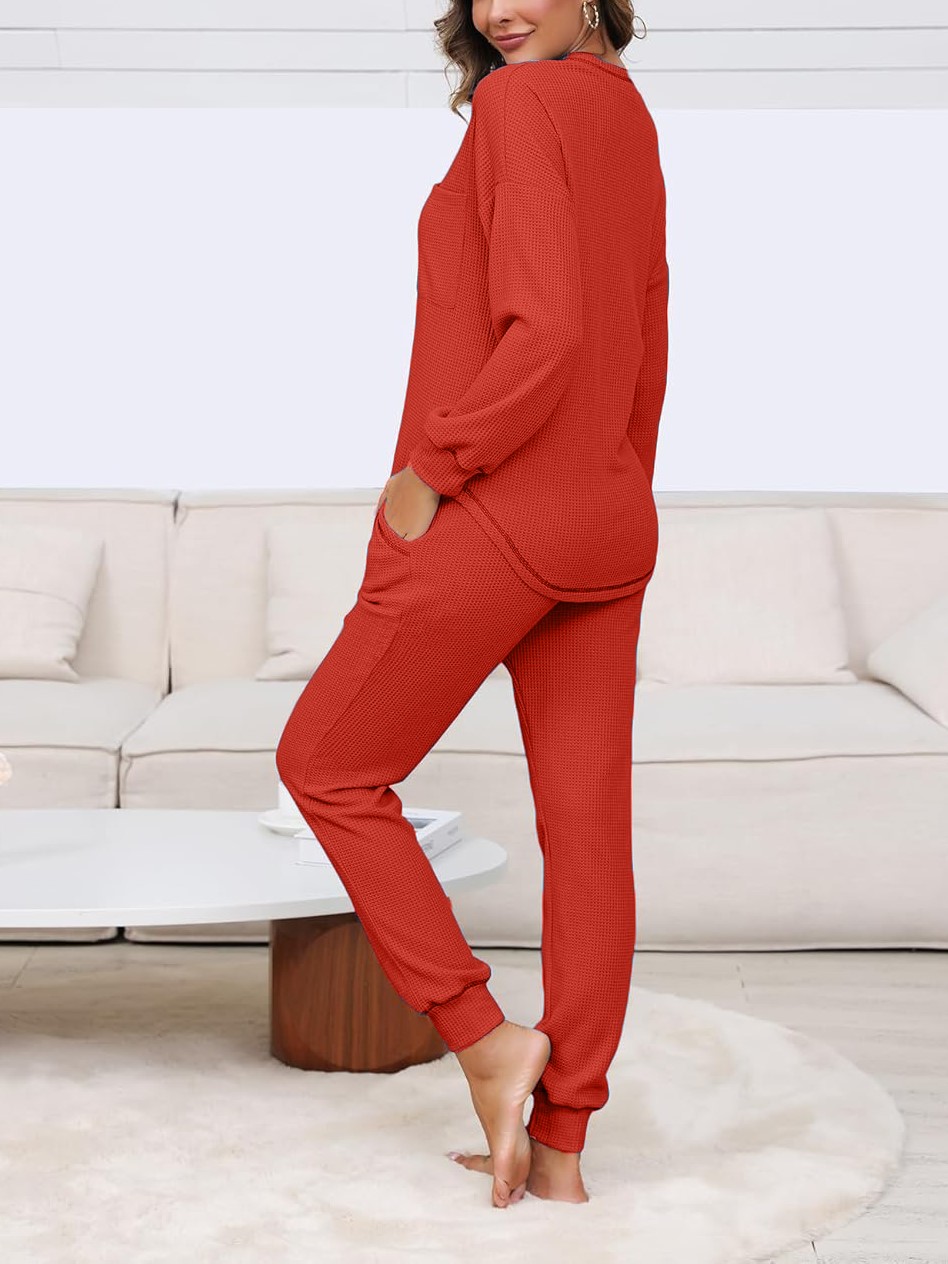 Women's V Neck Waffle Knit Sleepwear Top and Pant Lounge Sets