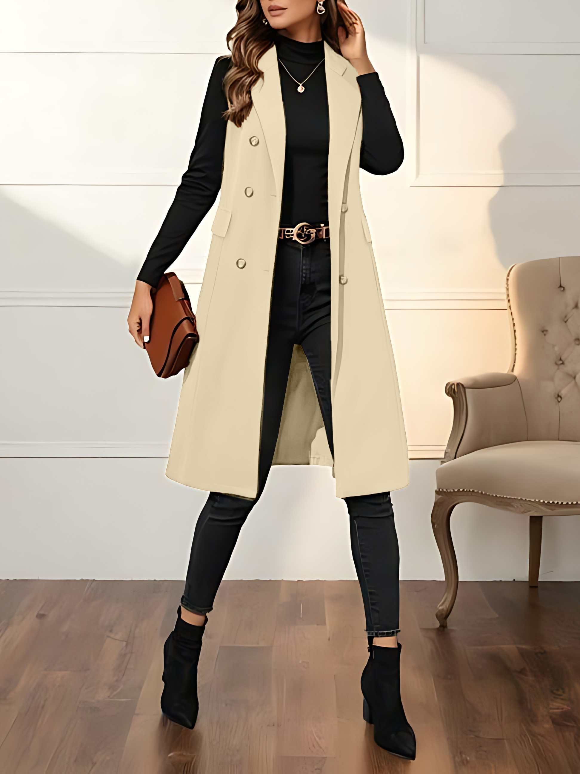 Women's Double Button Lapel Neck Longline Vest Overcoat